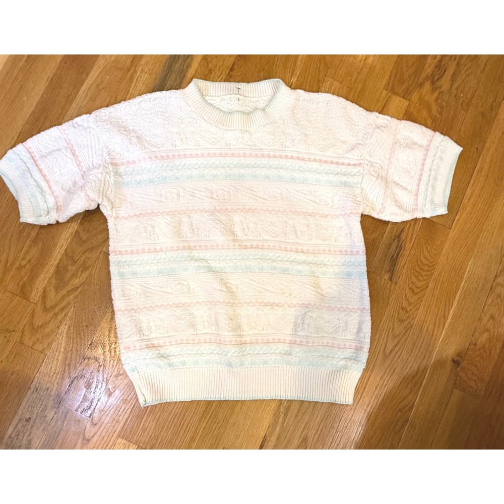 Vintage Pastel Short Sleeve Knit‎ Sweater Womens Medium Grandma Core